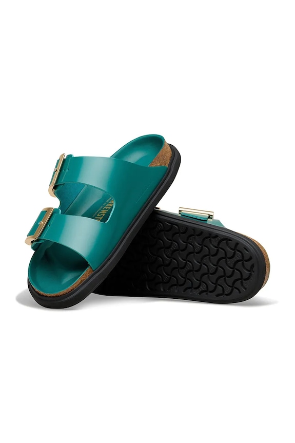 Birkenstock papuci cu toc plat de damă din piele Arizona Droplet Buckle turcoaz 1031850