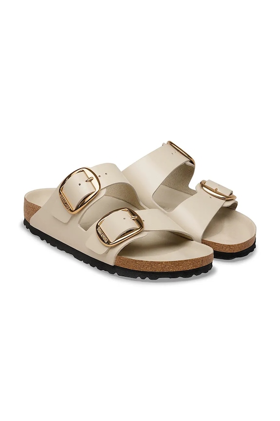 Încălțăminte Birkenstock papuci de damă cu toc plat din piele Arizona Big Buckle 1031854.N bej