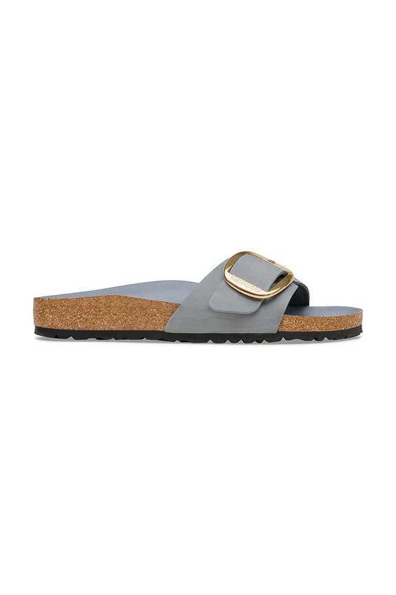 Birkenstock papuci cu toc plat pentru femei, din nubuc Madrid Big Buckle fără toc gri 1032090