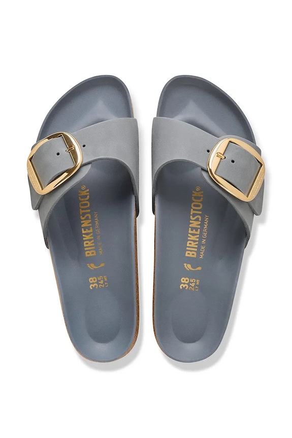 Birkenstock papuci cu toc plat pentru femei, din nubuc Madrid Big Buckle 1032090 gri