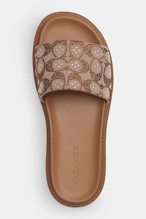 Coach papuci cu toc plat pentru femei Brynn Crystal Signature Slide maro CEF53.TN2