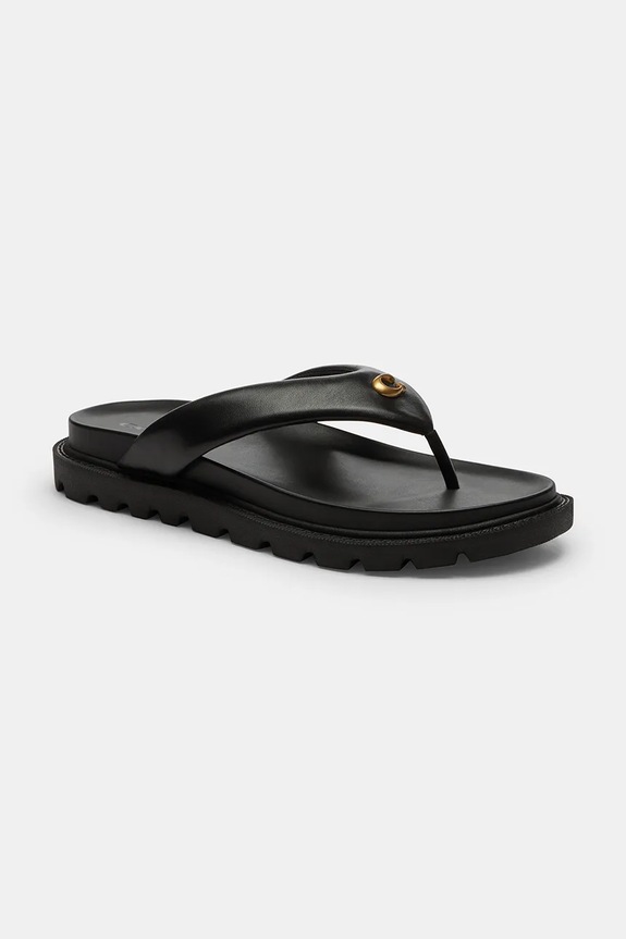 Coach șlapi pentru femei, din piele Brynn Leather Thong Sandal CEF54.BLK negru SS26