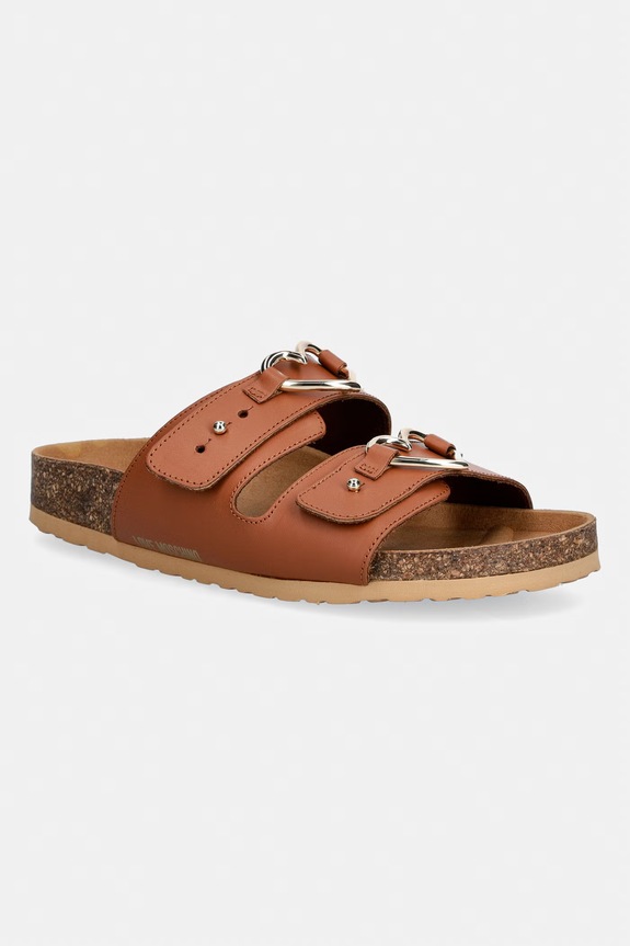 Love Moschino papuci cu toc plat pentru femei, din piele maro JA28173G0OIA0200