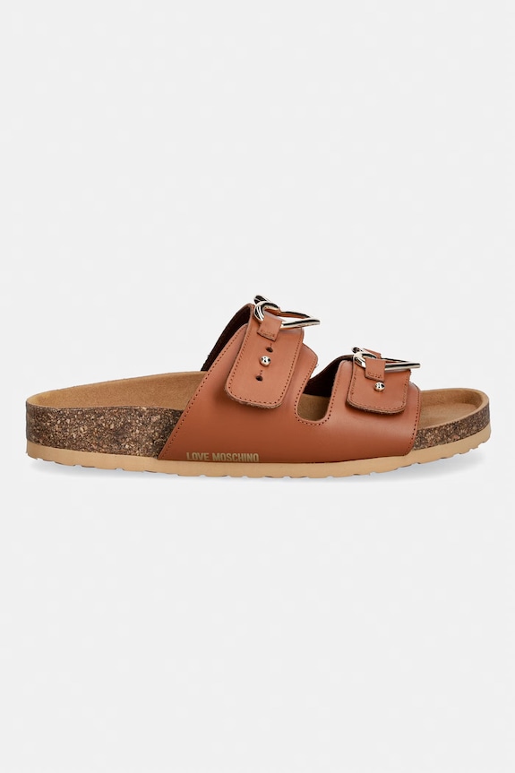 Love Moschino papuci cu toc plat pentru femei, din piele JA28173G0OIA0200 maro SS26
