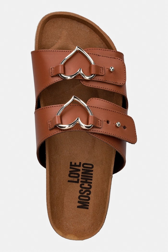 Love Moschino papuci cu toc plat pentru femei, din piele maro JA28173G0OIA0200