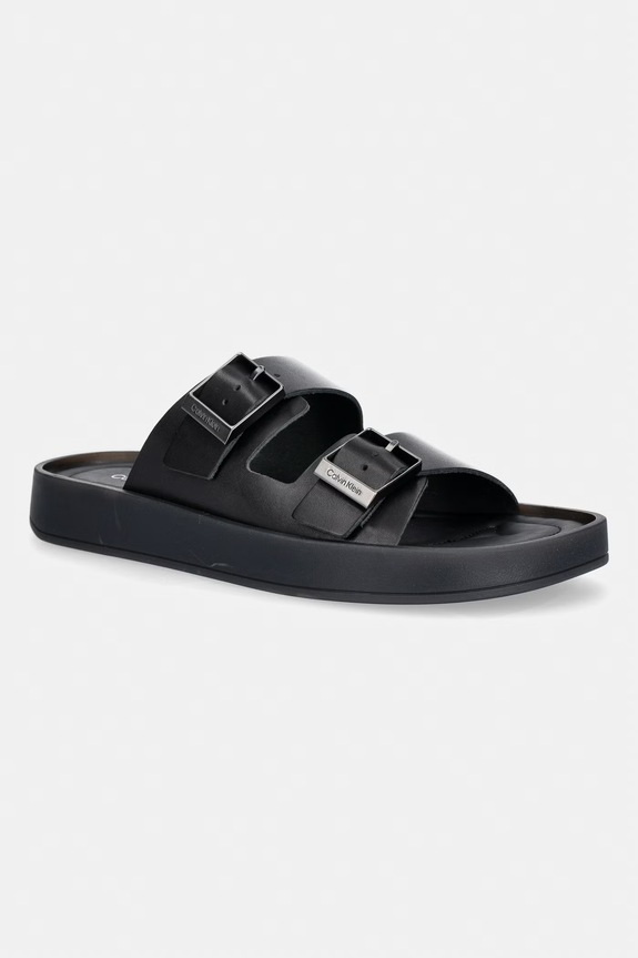 Calvin Klein klapki męskie skórzane ERGON DOUBLE BAR SANDAL LTH czarny HM0HM02097