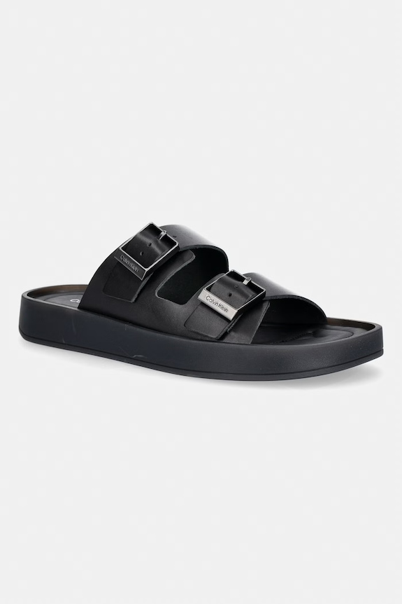 Calvin Klein klapki męskie skórzane ERGON DOUBLE BAR SANDAL LTH czarny HM0HM02097