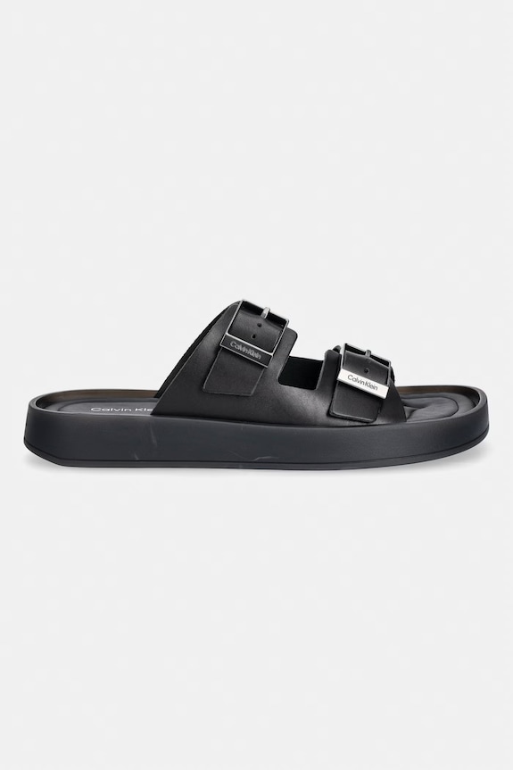 Calvin Klein klapki męskie skórzane ERGON DOUBLE BAR SANDAL LTH HM0HM02097 czarny SS26