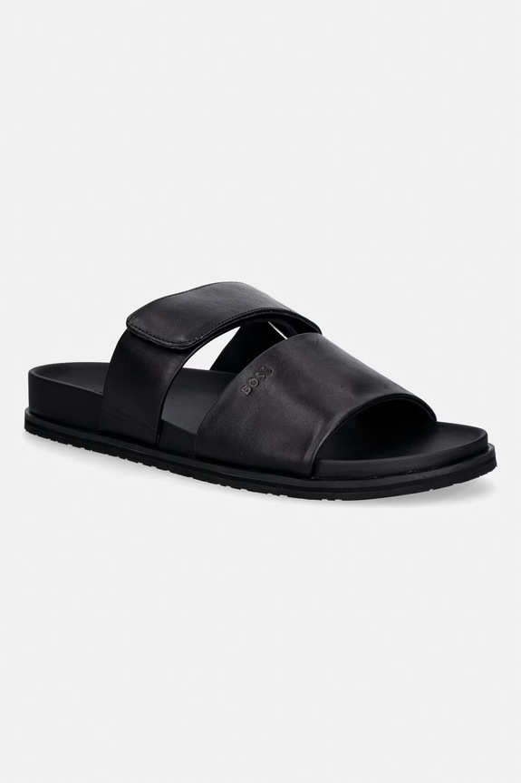 BOSS Ciabatte slide da uomo in pelle Hedrik nero 50563153.001