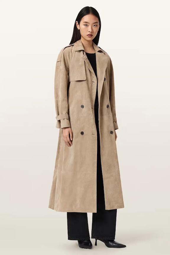 Oblečenie AllSaints trenčkot dámsky semišový REED SUEDE W005LE béžová