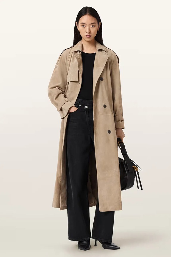 AllSaints trenčkot dámsky semišový REED SUEDE W005LE