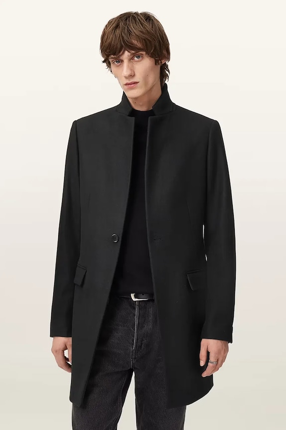 AllSaints płaszcz z dodatkiem wełny bez kaptura czarny M065OD