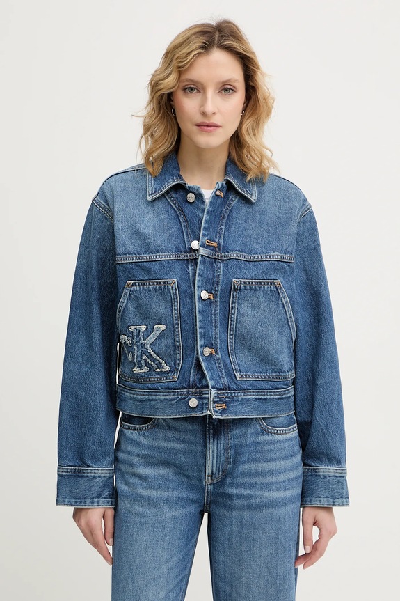 Rifľová bunda Calvin Klein Jeans bez kapucne modrá LV047E906G