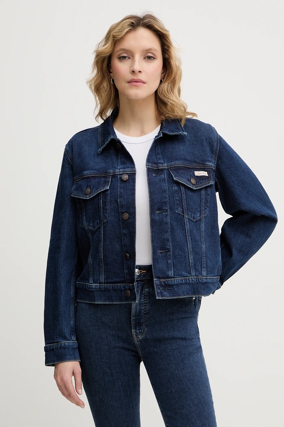 Rifľová bunda Calvin Klein Jeans bez kapucne tmavomodrá LV047E903G