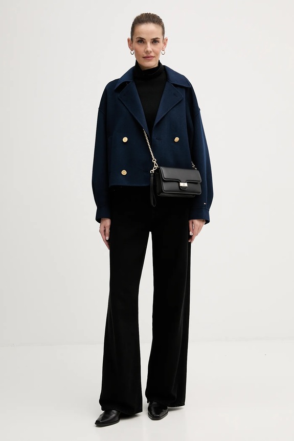Kabát s příměsí vlny Tommy Hilfiger WW0WW47759 námořnická modř SS26