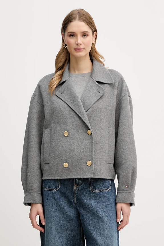 Kabát s prímesou vlny Tommy Hilfiger nezateplené sivá WW0WW47759