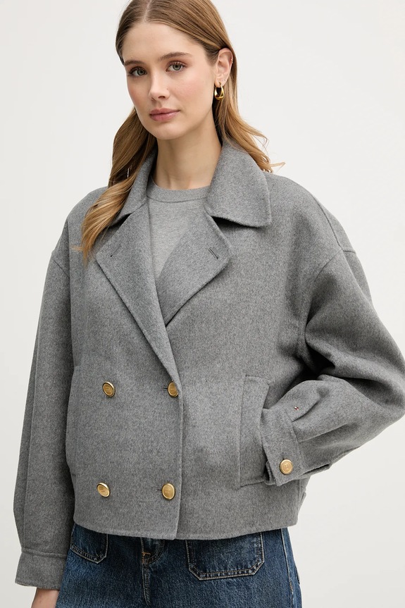 Kabát s prímesou vlny Tommy Hilfiger sivá WW0WW47759