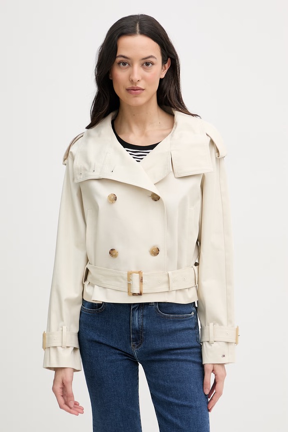 Tommy Hilfiger krátky trenčkot dámsky bavlnený béžová WW0WW50768
