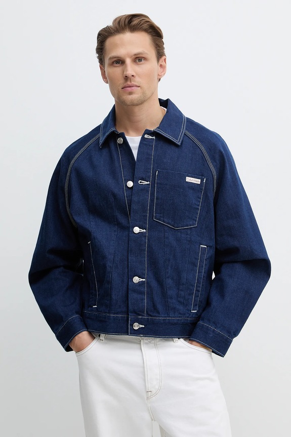 Rifľová bunda Calvin Klein Jeans bez kapucne modrá LV04RE734G