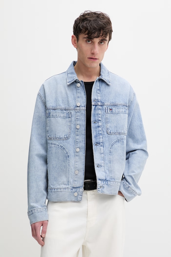 Tommy Jeans prechodná bunda pánska rifľová modrá DM0DM22473