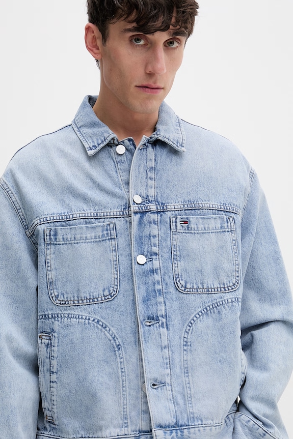 Tommy Jeans prechodná bunda pánska rifľová modrá DM0DM22473