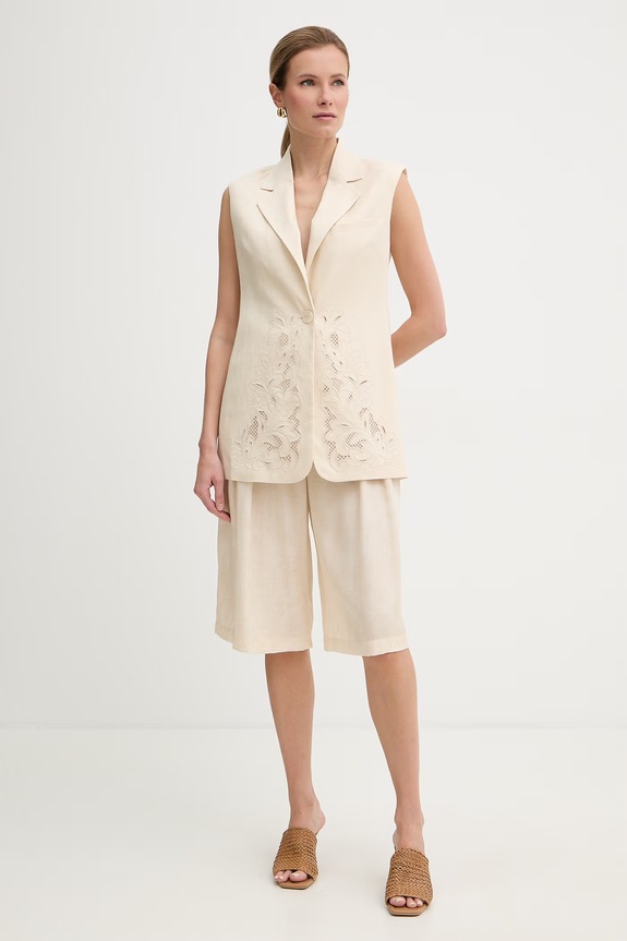Twinset kamizelka jednorzędowa damska z lnem 261TP2314 beżowy SS26