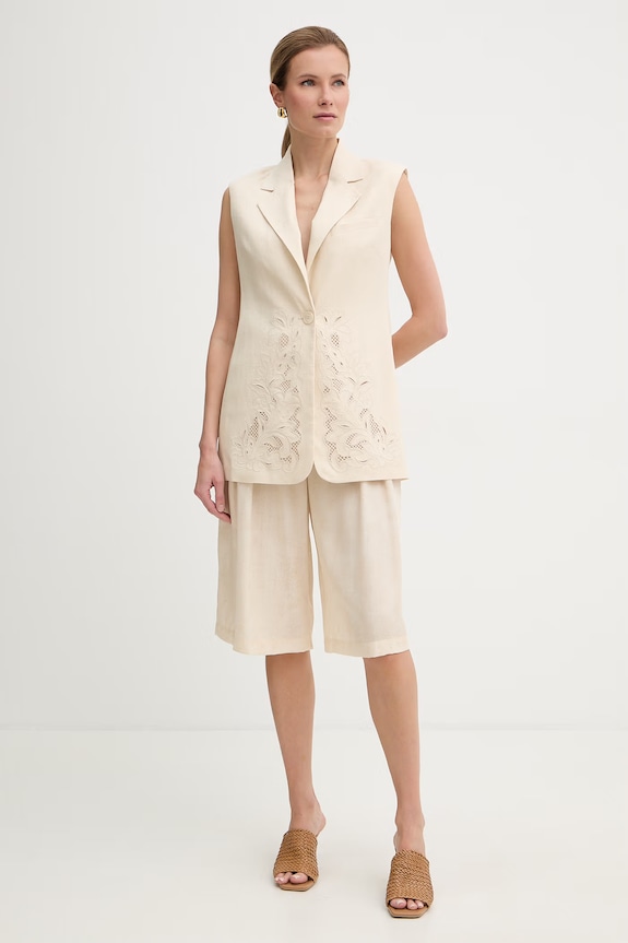 Twinset kamizelka jednorzędowa damska z lnem 261TP2314 beżowy SS26
