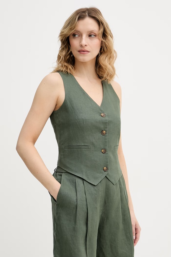 United Colors of Benetton jednoradová vesta dámska ľanová zelená 2AGHDJ014
