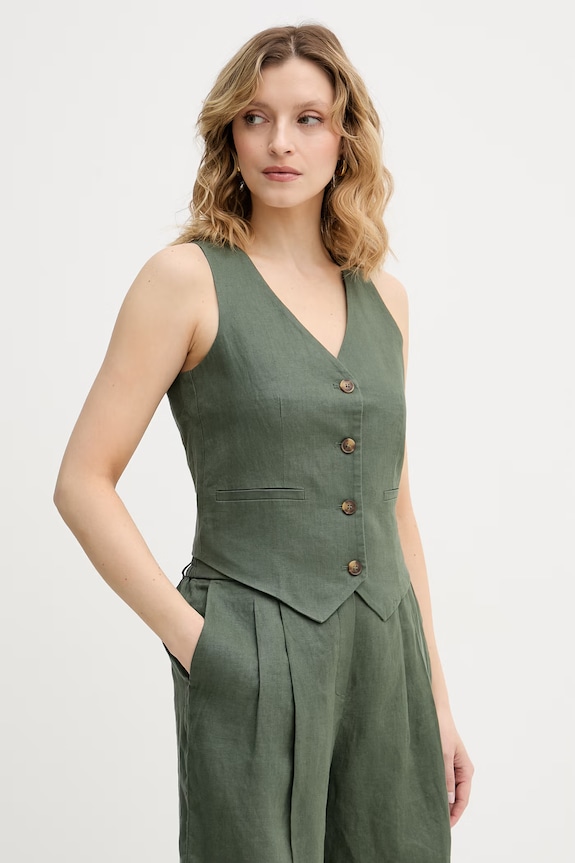 United Colors of Benetton jednoradová vesta dámska ľanová zelená 2AGHDJ014
