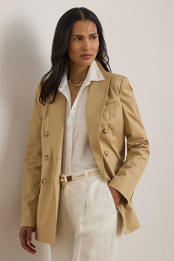 Lauren Ralph Lauren ženski bombažni dvoredni suknjič bež 200B22031