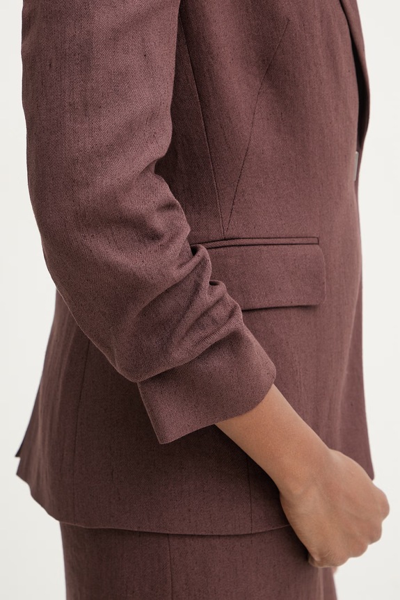 BOSS marynarka dwurzędowa damska z lnem brązowy 50557249