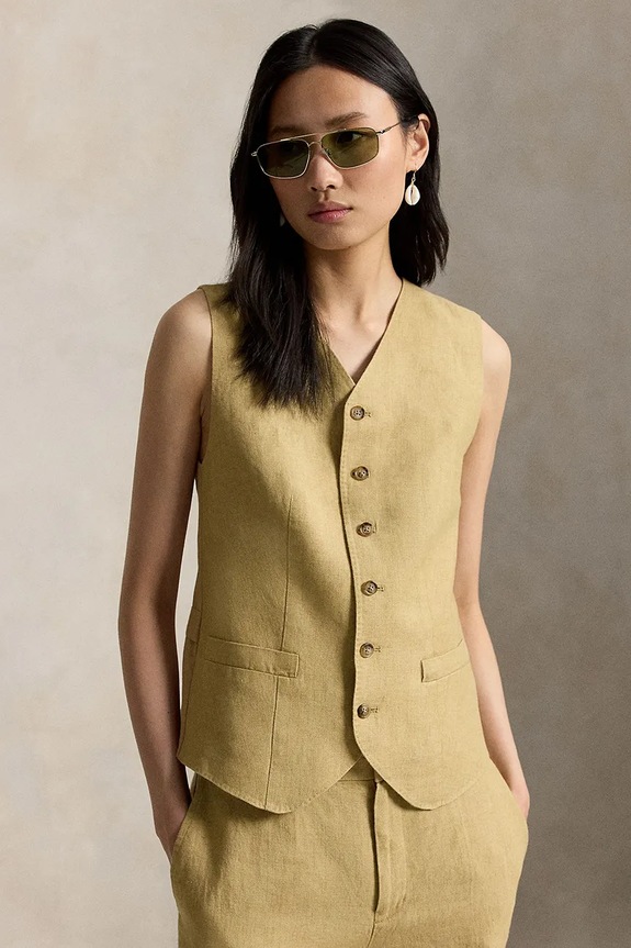 Polo Ralph Lauren Μονόπετο γιλέκο γυναικείο λινό μπεζ 211A12779001