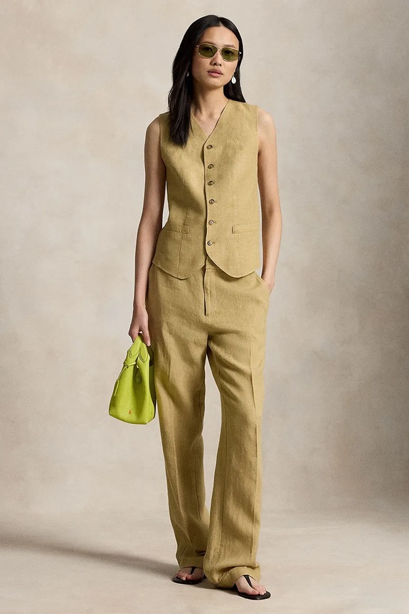 Ρούχα Polo Ralph Lauren Μονόπετο γιλέκο γυναικείο λινό 211A12779001 μπεζ