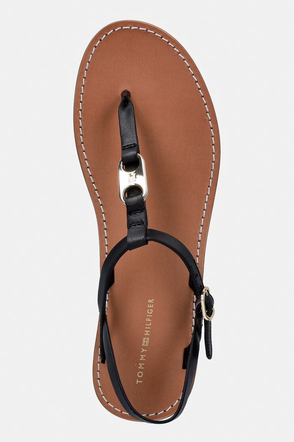 Tommy Hilfiger sandále na plochom podpätku dámske kožené LEATHER THONG SANDAL čierna FW0FW09127