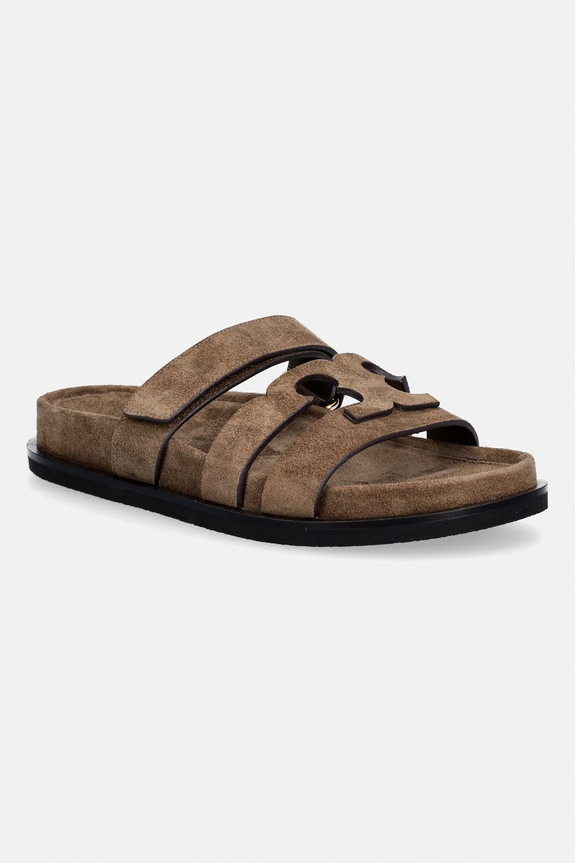 Tory Burch papuci din piele Ines Sport Slide piele întoarsă maro 163481.219
