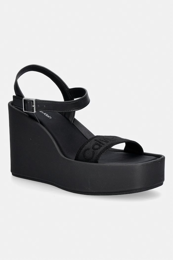 Calvin Klein sandały na koturnie WEDGE 70 SNDL WEBBING LTH czarny HW0HW02882