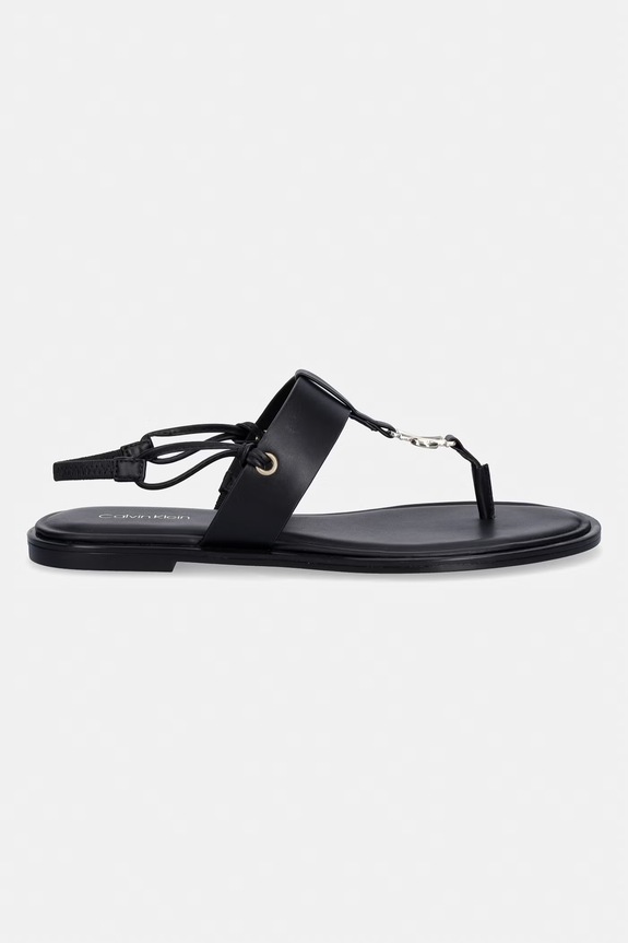 Calvin Klein sandale cu toc plat pentru femei, din piele ROUND FLAT SNDL THONG LTH HDW HW0HW02926 negru SS26