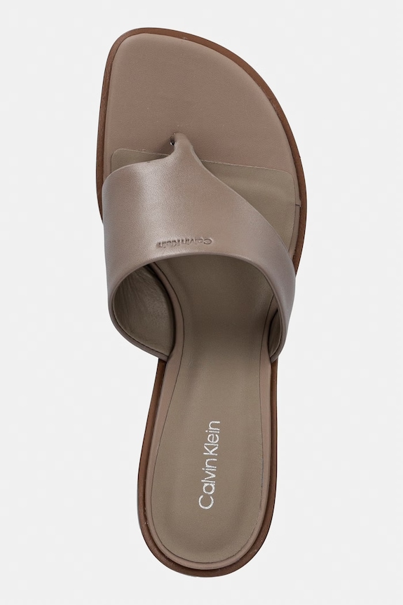 Calvin Klein žabky dámské kožené BLOCK HEEL SNDL THONG LTH hnědá HW0HW03017