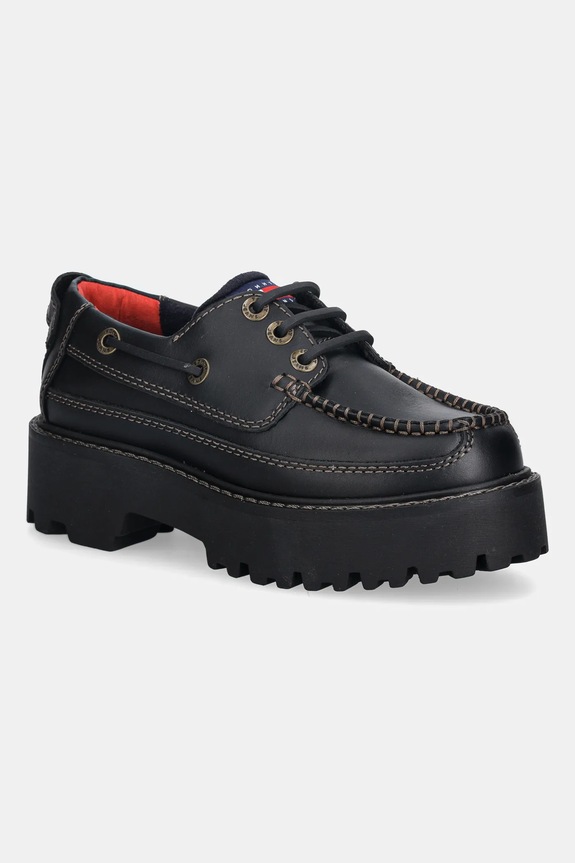 Kožené poltopánky Tommy Jeans ARCHIVE 01 BOAT SHOE LEATHER usňová koža čierna EN0EN03003