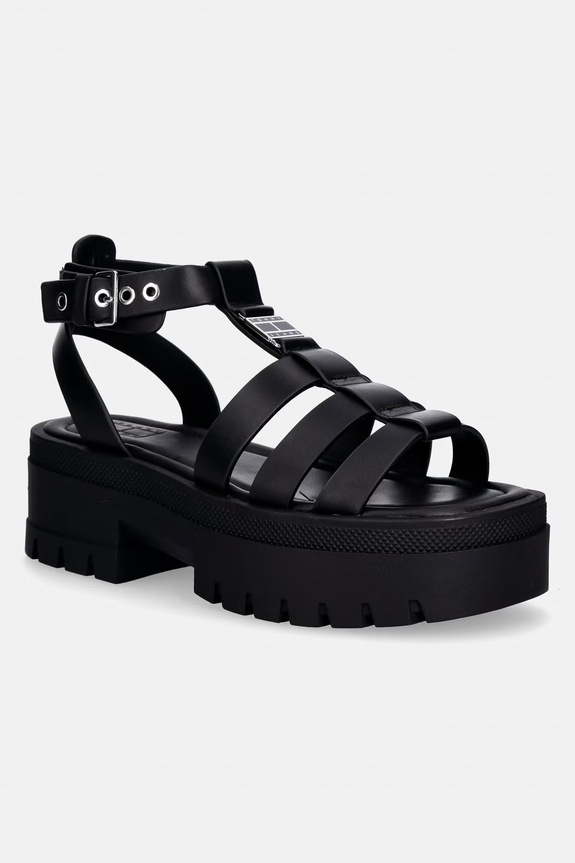 Tommy Jeans sandale pentru femei, din piele TJW FISHERMAN LEATHER MAX SANDAL negru EN0EN02943
