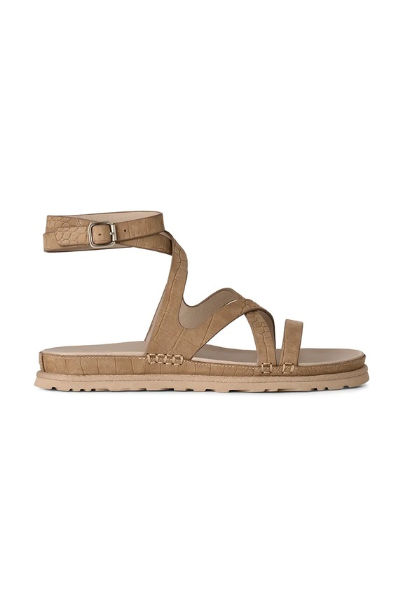 Δερμάτινα σανδάλια UGG W Goldengaze Embossed Ankle Wrap φλατ μπεζ 1178570.MDSD