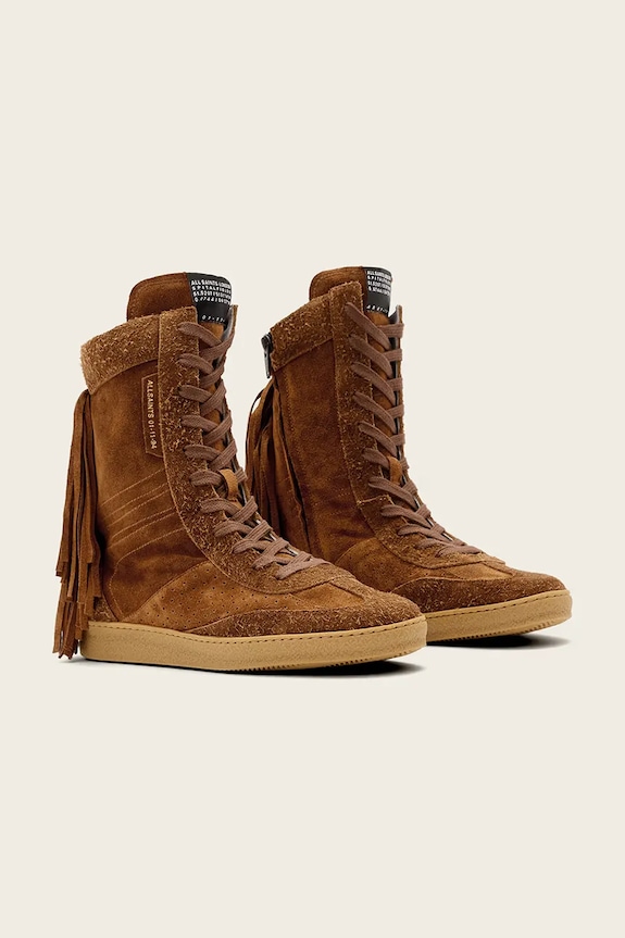 AllSaints buty zamszowe Louise Fringe Ht W062FE brązowy SS26