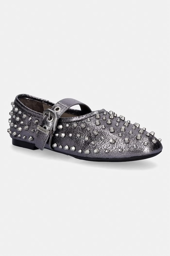 Kožené balerínky AllSaints Sabine Stud Shoe strieborná W089FE