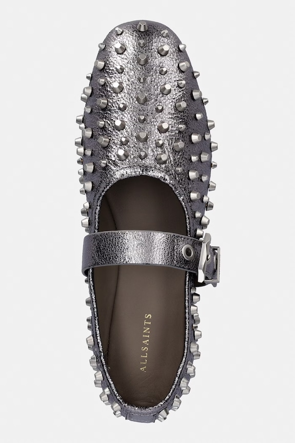 Kožené balerínky AllSaints Sabine Stud Shoe strieborná W089FE