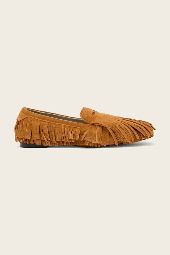 AllSaints mocasini de damă din piele întoarsă Sandy Fringe Loafer maro W017FE