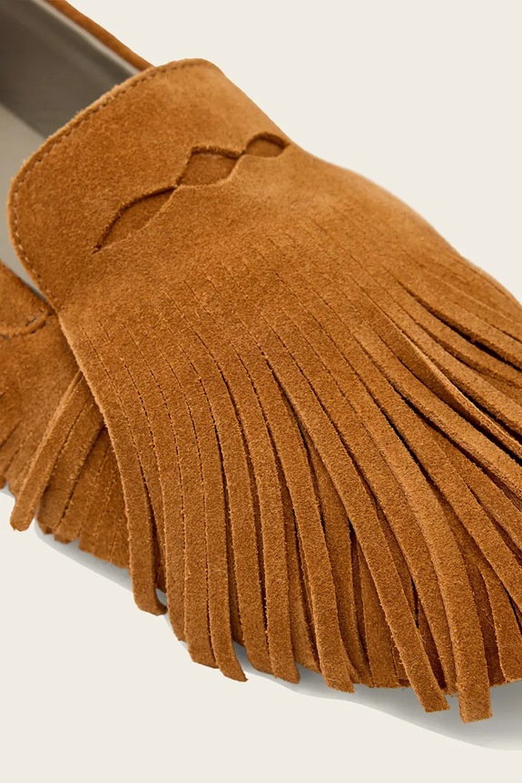 AllSaints mocasini de damă din piele întoarsă Sandy Fringe Loafer maro W017FE
