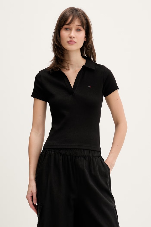 Tommy Jeans Πόλο γυναικείο βαμβάκι με ελαστάν μαύρο DW0DW22326