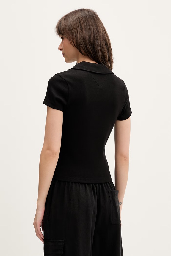 Ρούχα Tommy Jeans Πόλο γυναικείο βαμβάκι με ελαστάν DW0DW22326 μαύρο