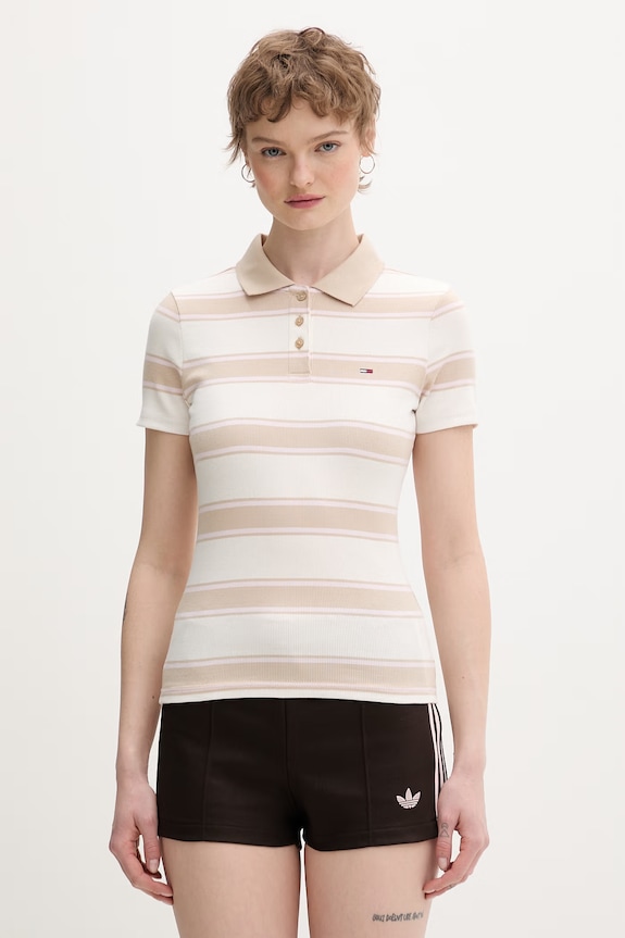 Tommy Jeans polo damskie bawełniane z elastanem beżowy DW0DW22327