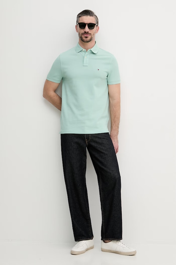 Tommy Hilfiger polo męskie bawełniane z elastanem MW0MW17770. turkusowy SS26